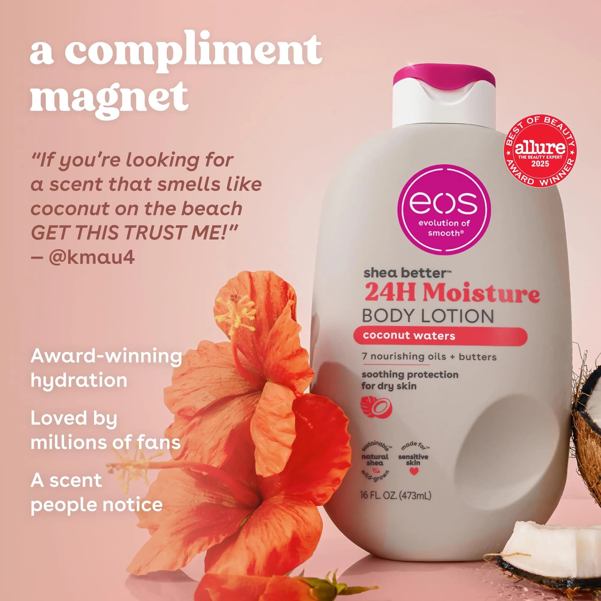 eos Shea Better Sensitive Skin Body Lotion, Coconut Waters Scent, 475ml (16 fl oz) | 48-Hour Moisture for Eczema & Dry Skin - view 3