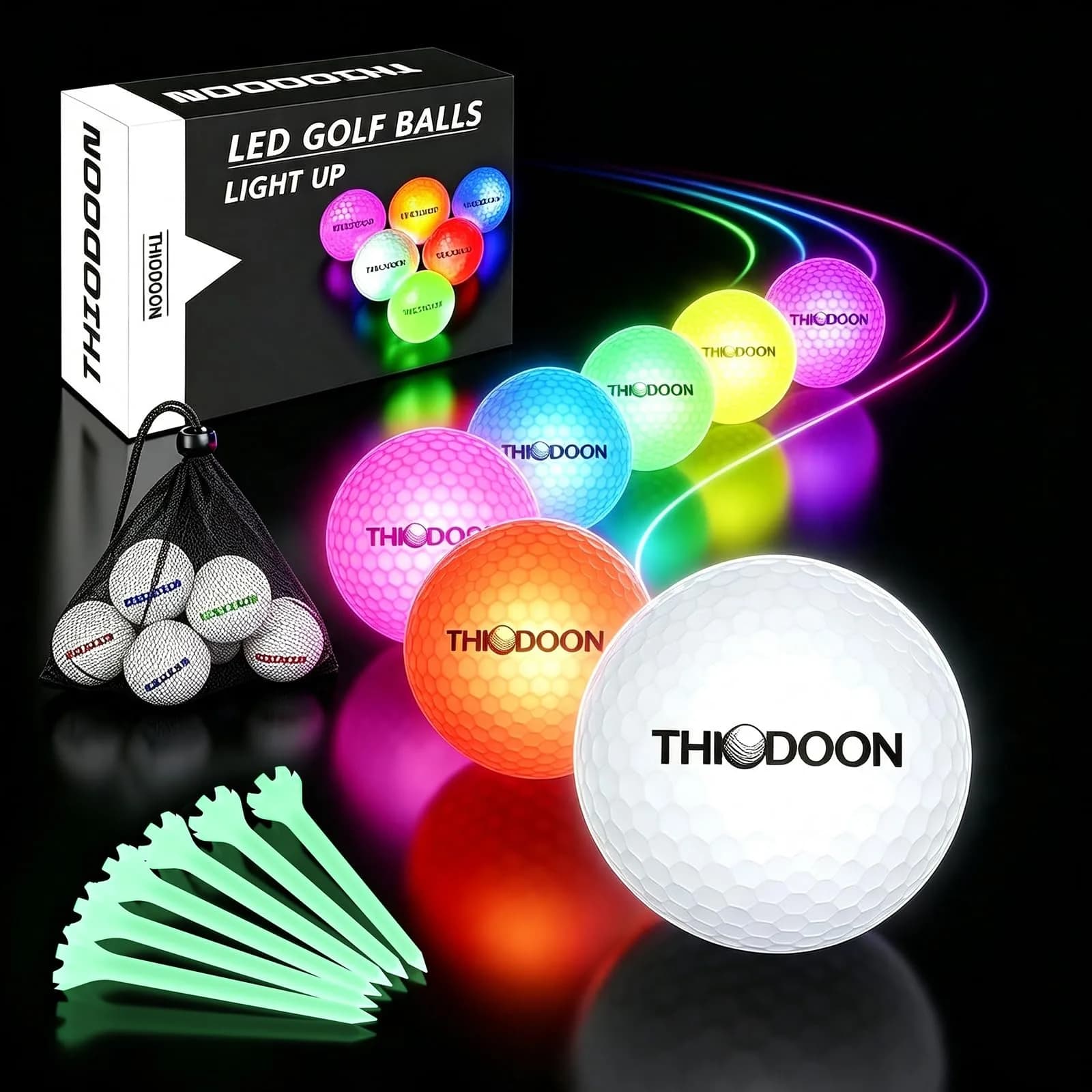 THIODOON LED Glow in The Dark Golf Balls 6 Pack (42.6mm, 45g Each) | Play Golf at Dusk or Night — Upgraded-Mixed Colors