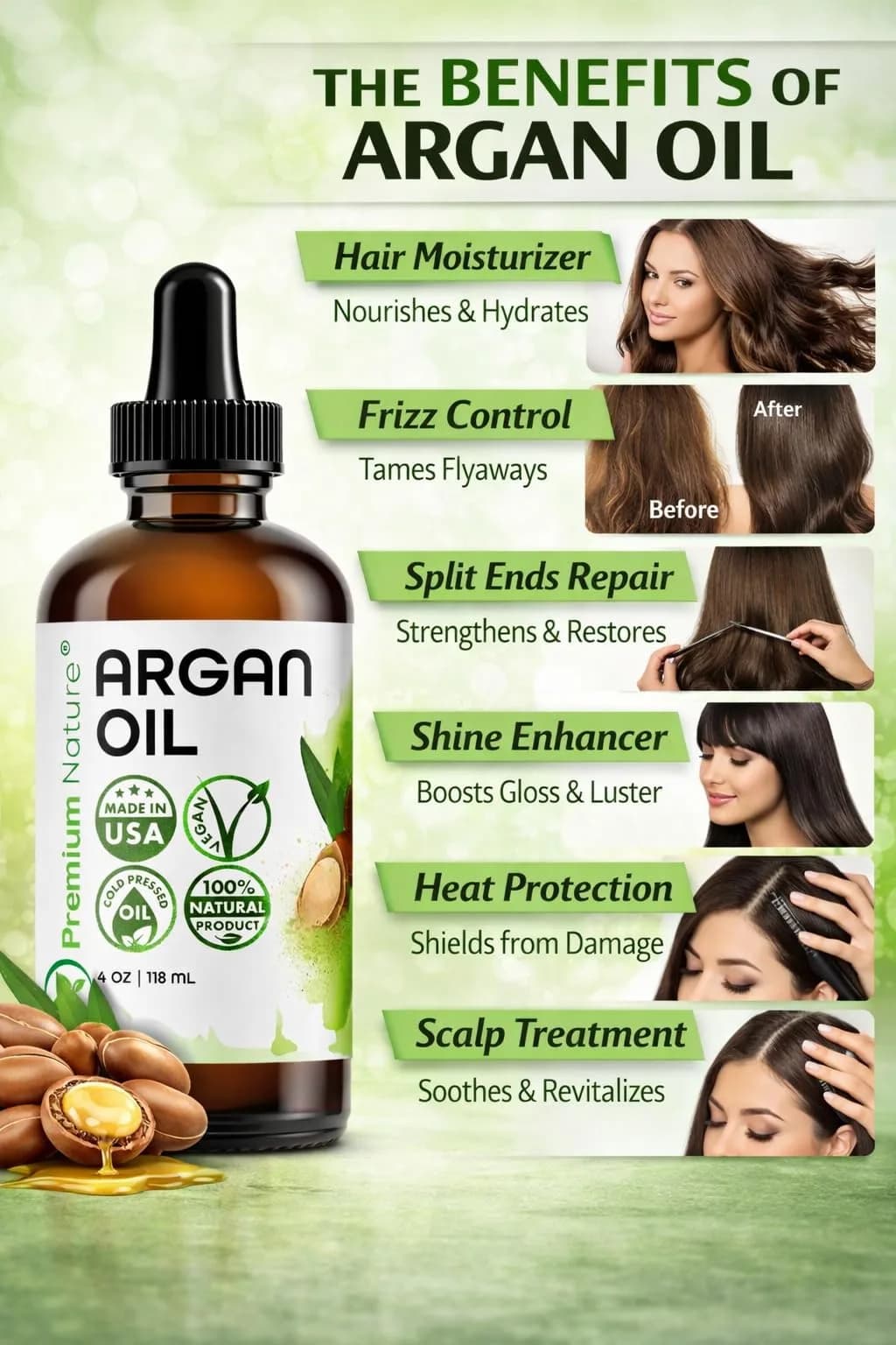 Premium Nature Argan Oil Hair Serum 118ml (4 Fl Oz) | Pure Cold Pressed Oil for Growth & Shine - view 5