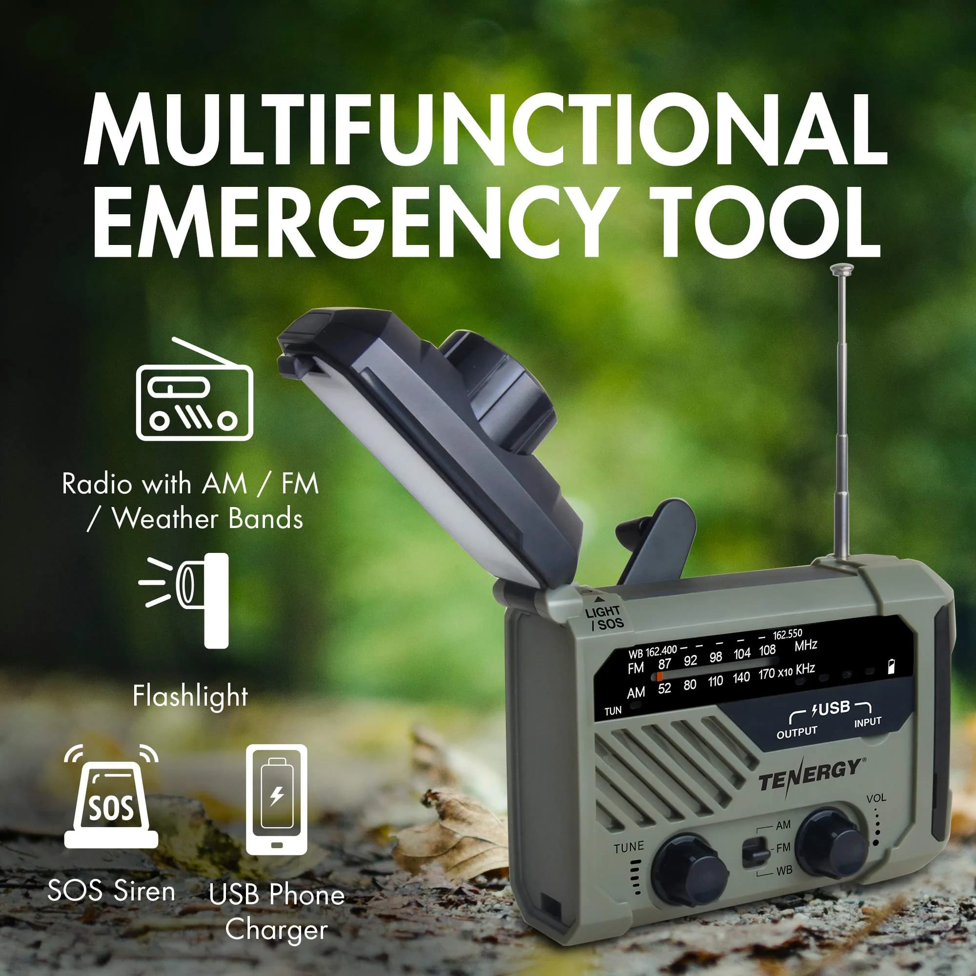 Tenergy Multifunctional Hand Crank Weather Radio with LED Flashlights, SOS Alarm, Cell Phone Charger, AM/FM/NOAA Radio Frequencies, 155*94*49mm - view 2