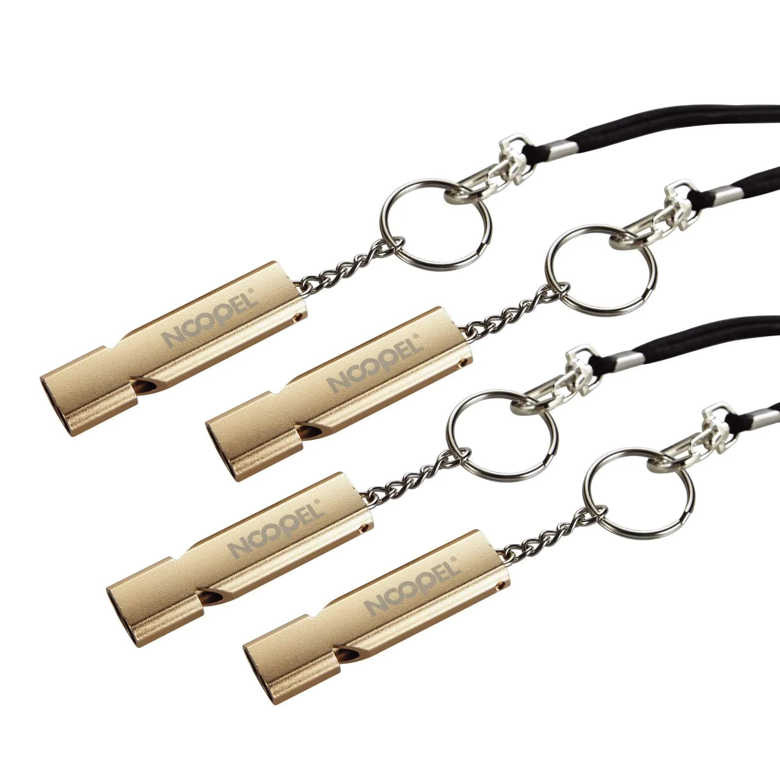 Noopel Emergency Whistles Lifeguard Safety Whistle with Lanyard and Keychain for Outdoor Camping Hiking Boating Hunting Fishing Kayak Kids Rescue Signaling Loud Survival Whistle (4 Pack Gold) | Super Loud, Aluminum Alloy, Water-Resistant