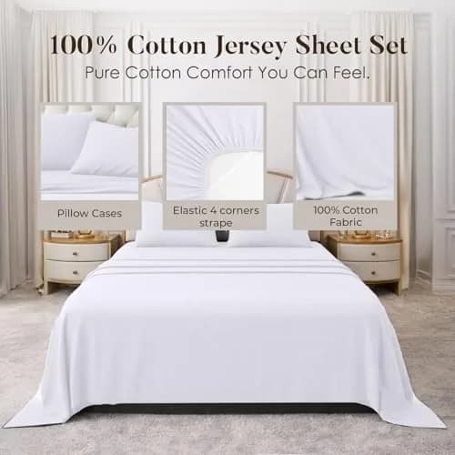 DAN RIVER Twin Jersey Sheet Set | 100% Cotton Bed Sheets | All Season Bedding | Deep Pocket, White thumbnail 5