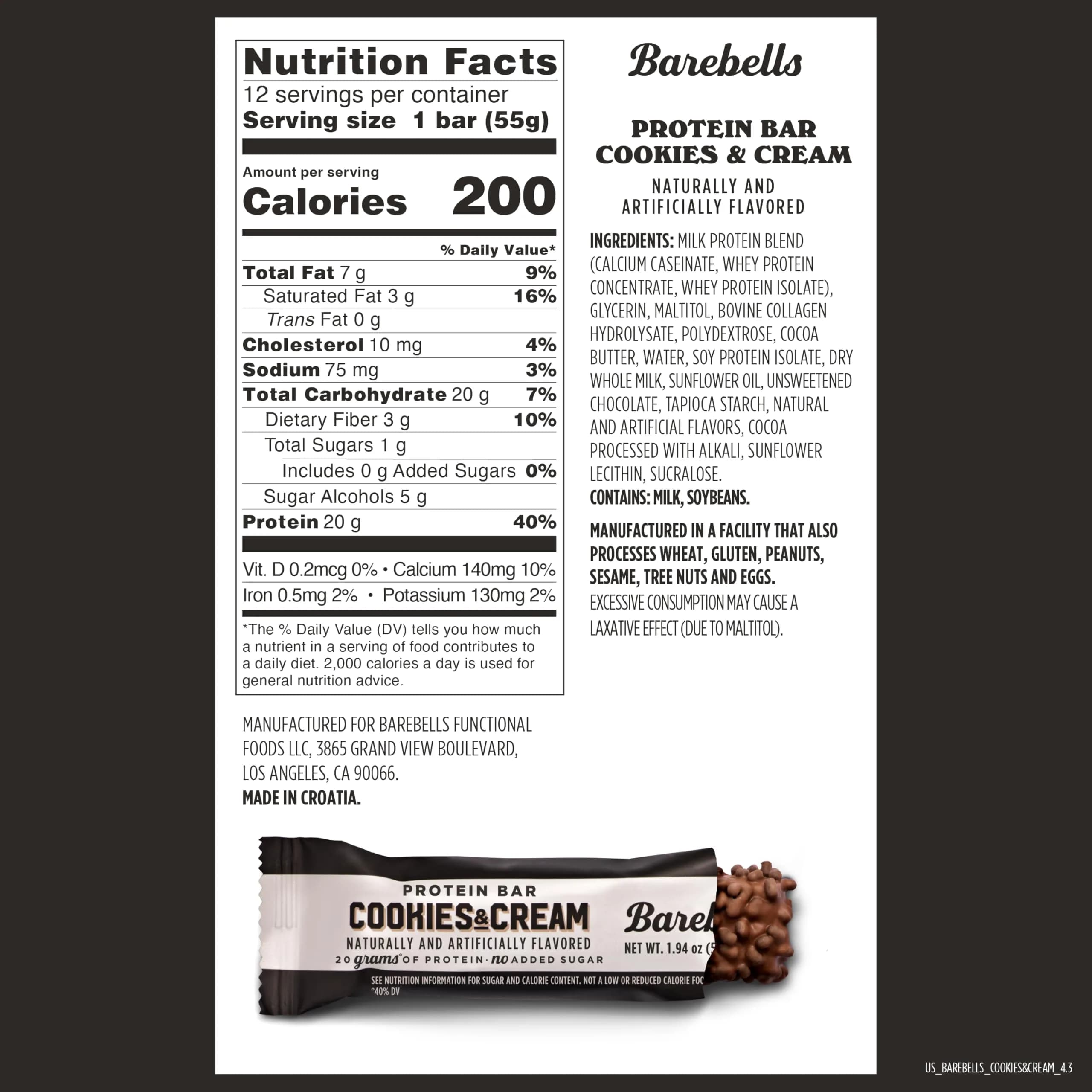 BAREBELLS Cookies & Cream Protein Bars (12 Count, 20g Protein) | Low Sugar Snack Bar - view 6