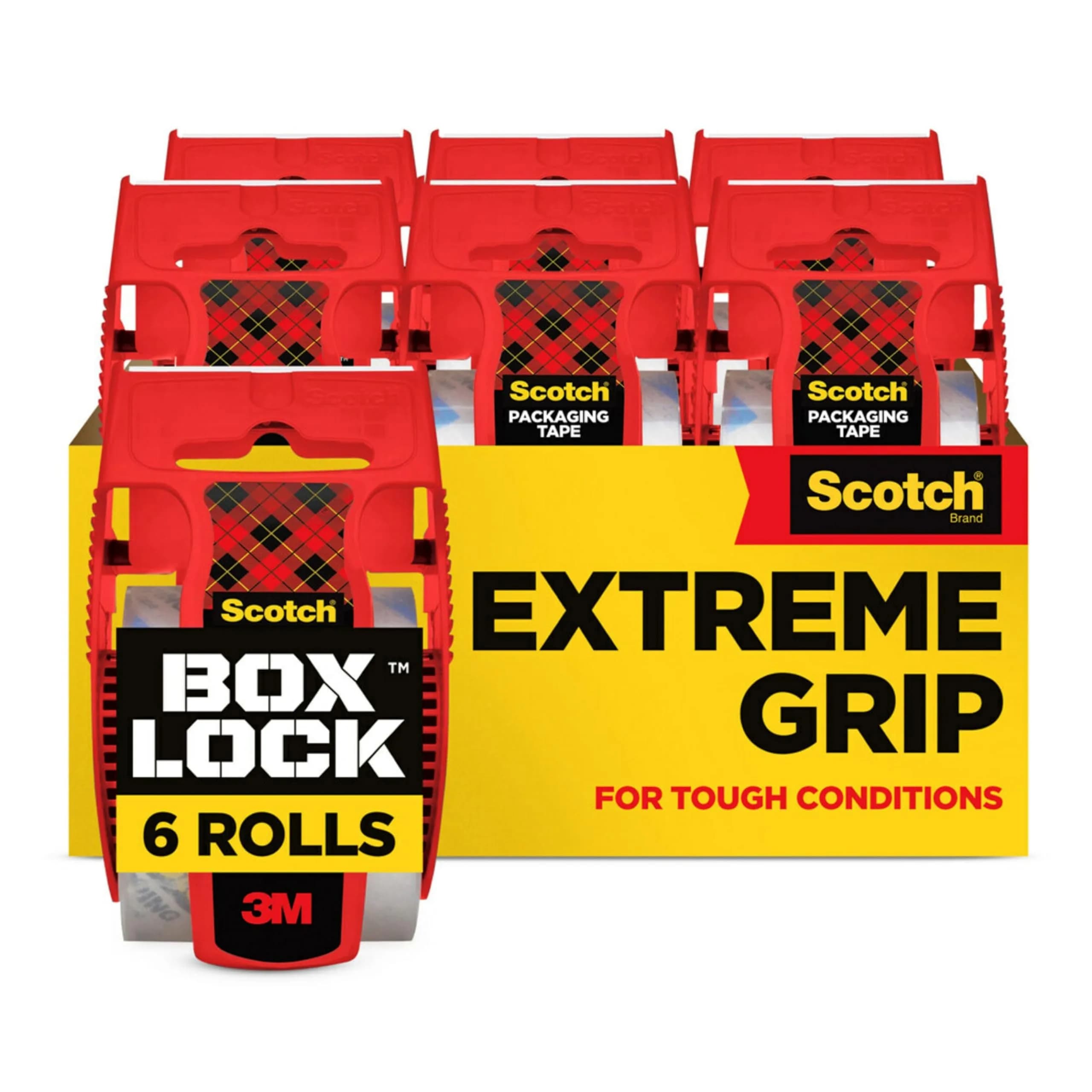 Scotch Box Lock Extreme Grip Packaging Tape with Dispenser, 6 Rolls, Clear Heavy Duty Shipping Tape - main product image