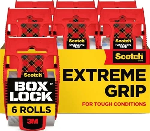 Scotch Box Lock Extreme Grip Packaging Tape with Dispenser, 2 Rolls, Clear Heavy Duty Shipping Tape 1.88 inch x 800 inch | Sticks Instantly to Any Box — 6 Rolls