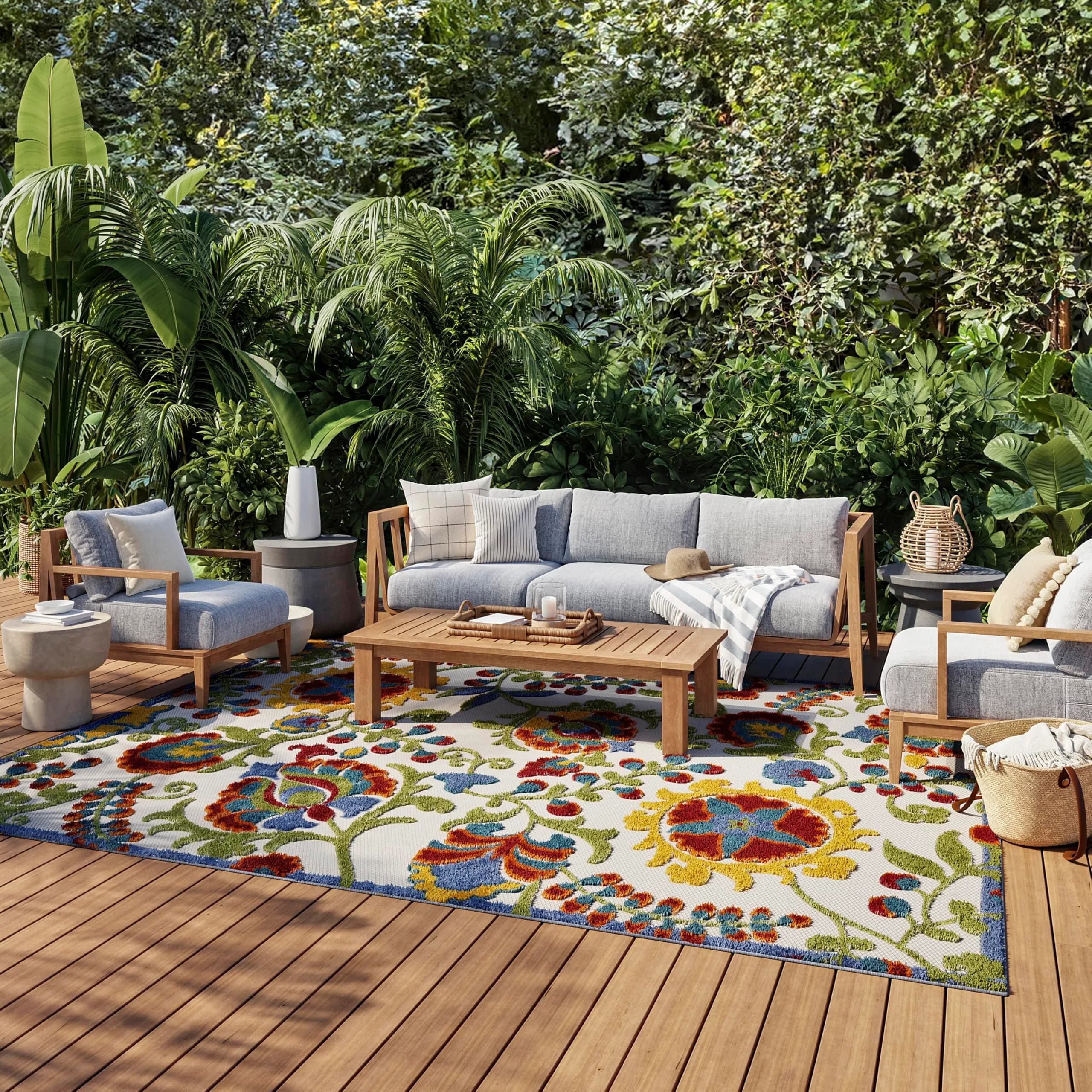 Nourison Area Rug 9' x 12' Ivory Multicolor | Easy Clean, Non Shedding, Indoor & Outdoor Use