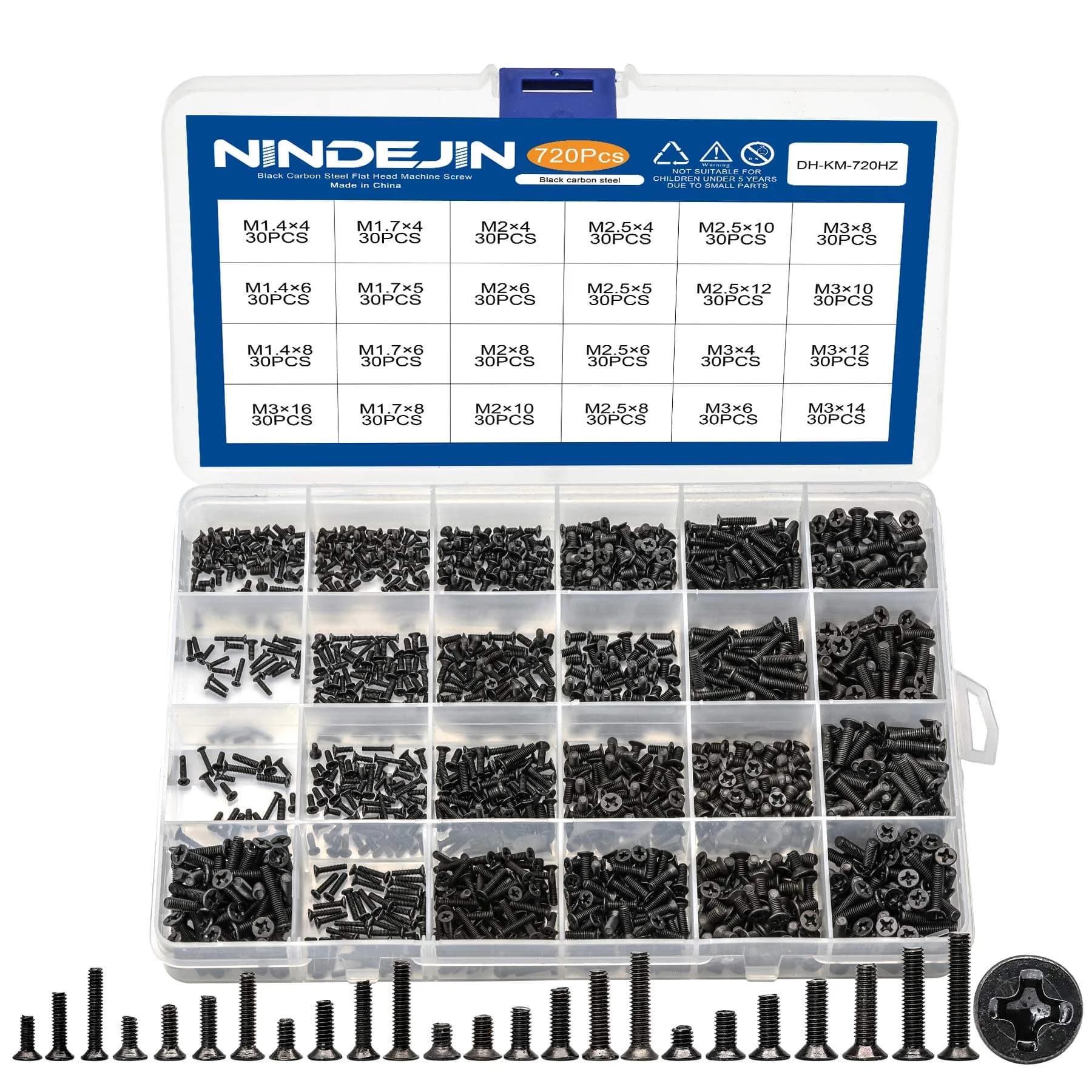 NINDEJIN Laptop Screw Set 720pcs Carbon Steel Flat Head M1.4-M3 | Assorted Computer Screws for SSD & Laptop Repairs - main product image