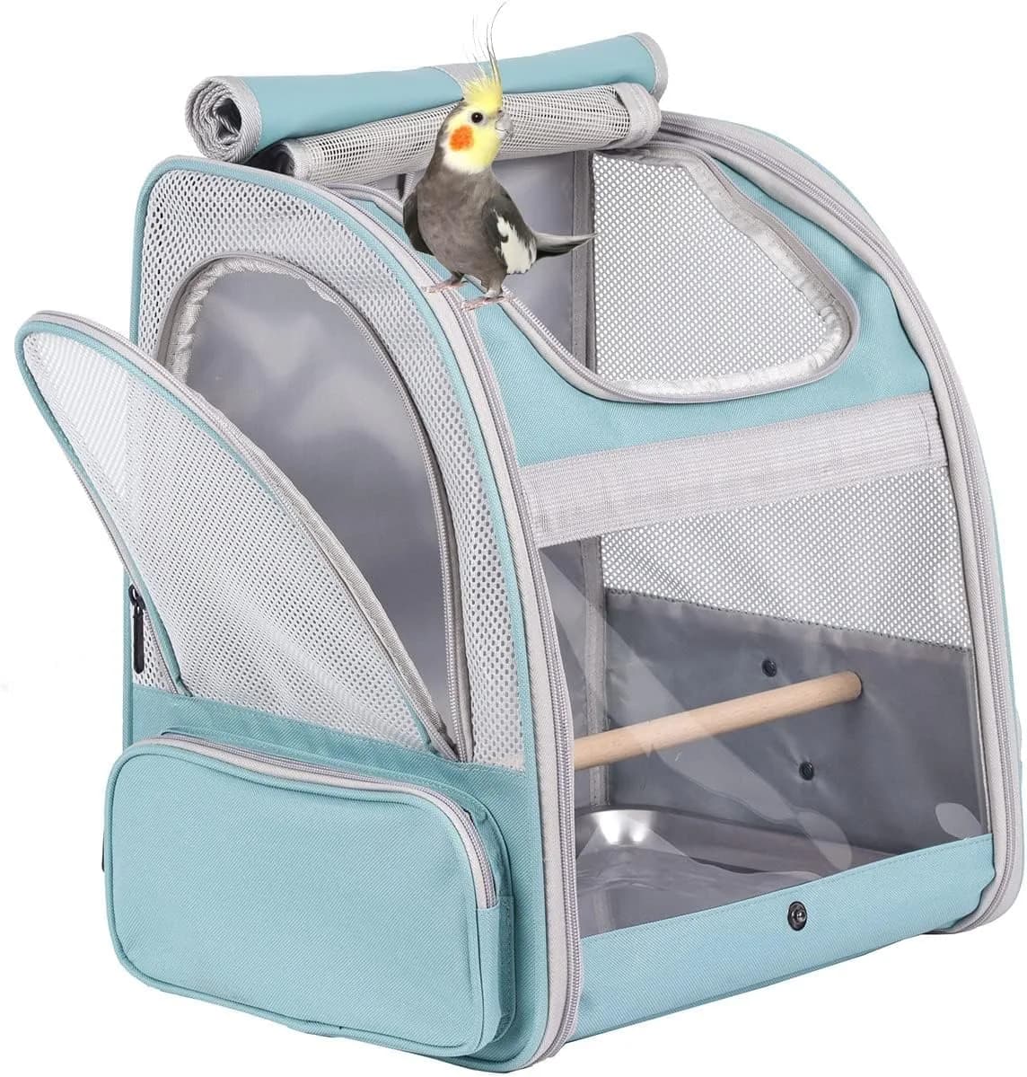 ORIZZP Bird Backpack Carrier with Stand Perch & Shade Cover, Large Green Pet Travel Backpack | Airline Approved