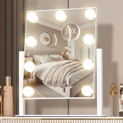 NUSVAN Vanity Mirror with Lights, Makeup Mirror, 3 Color Modes, 10X Magnification, Touch Control, 360° Rotation, White thumbnail 1
