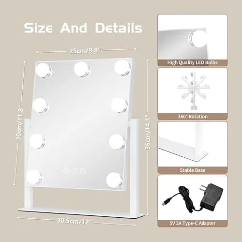 NUSVAN Vanity Mirror with Lights, Makeup Mirror, 3 Color Modes, 10X Magnification, Touch Control, 360° Rotation, White thumbnail 5