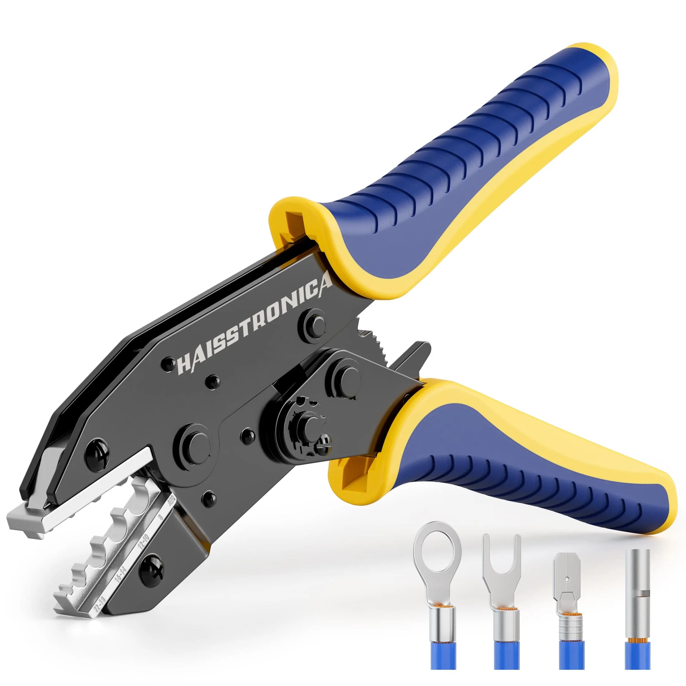 haisstronica Ratchet Crimping Tool for Non-Insulated Terminals, AWG 22-8, 230mm (9.05in) | Professional Electrical Wire Crimper