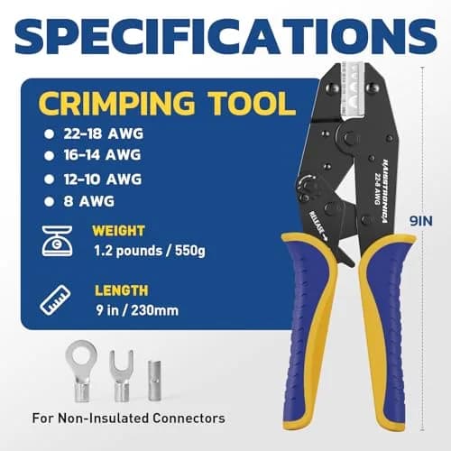 haisstronica Ratchet Crimping Tool for Non-Insulated Terminals, AWG 22-8, 230mm (9.05in) | Professional Electrical Wire Crimper thumbnail 2