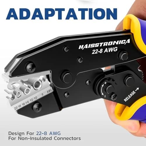 haisstronica Ratchet Crimping Tool for Non-Insulated Terminals, AWG 22-8, 230mm (9.05in) | Professional Electrical Wire Crimper thumbnail 3