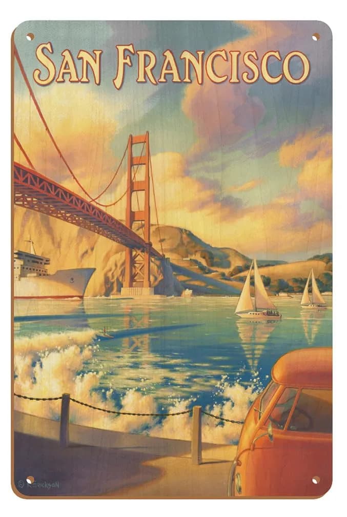 Pacifica Island Art Golden Gate Bridge Wood Sign 20cm x 30cm (8" x 12") | Vintage Travel Art — Wood Sign