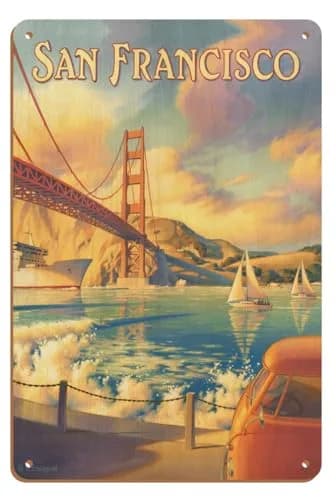 Pacifica Island Art Golden Gate Bridge Wood Sign 20cm x 30cm (8" x 12") | Vintage Travel Art thumbnail 1