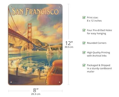Pacifica Island Art Golden Gate Bridge Wood Sign 20cm x 30cm (8" x 12") | Vintage Travel Art thumbnail 2