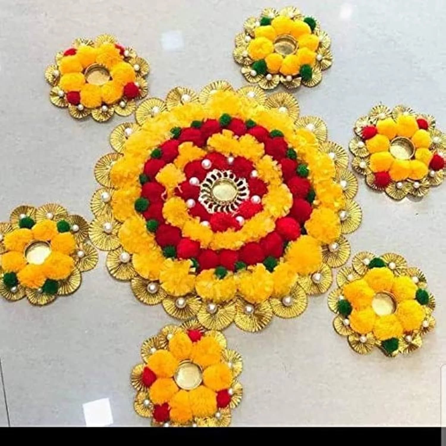Sanvatsar Decorative Rangoli Set of 7 | Floral Tea Light Holders for Home & Festivals — Muti