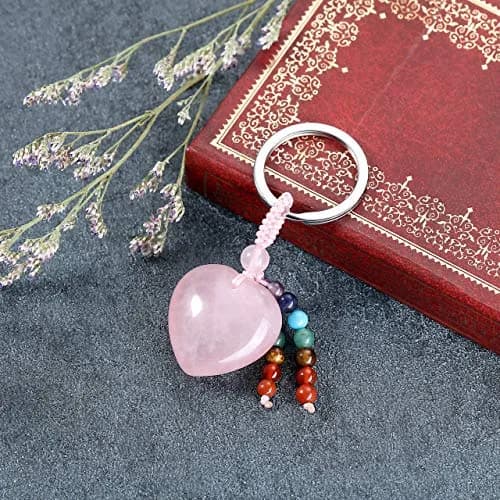 MANIFO Natural Rose Quartz Heart Crystal Keychain 7 Chakra Healing Gemstone Key Ring Charm for Women thumbnail 2