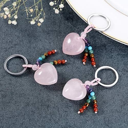 MANIFO Natural Rose Quartz Heart Crystal Keychain 7 Chakra Healing Gemstone Key Ring Charm for Women thumbnail 3