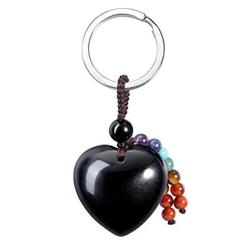 MANIFO Natural Rose Quartz Heart Crystal Keychain 7 Chakra Healing Gemstone Key Ring Charm for Women — Black Obsidian