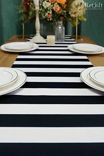 Letjolt Black and White Striped Table Runner 12x108 Inches | Durable Polyester for Elegant Dining thumbnail 5