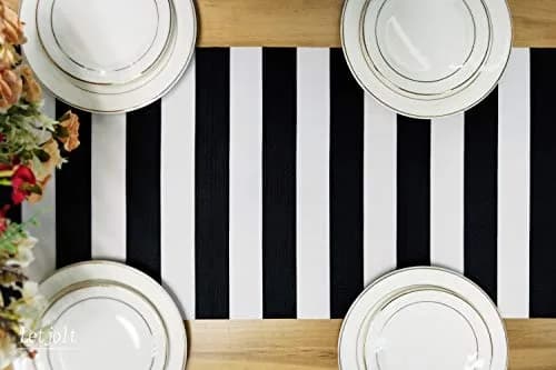 Letjolt Black and White Striped Table Runner 12x108 Inches | Durable Polyester for Elegant Dining thumbnail 2