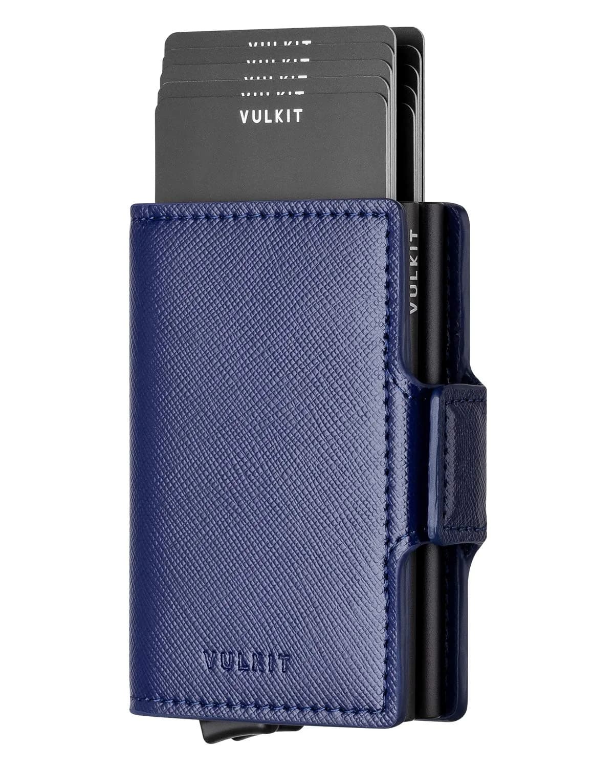 VULKIT Automatic Pop Up Double Card Holder RFID Blocking Leather Magnetic Wallet - Cross Navy - main product image
