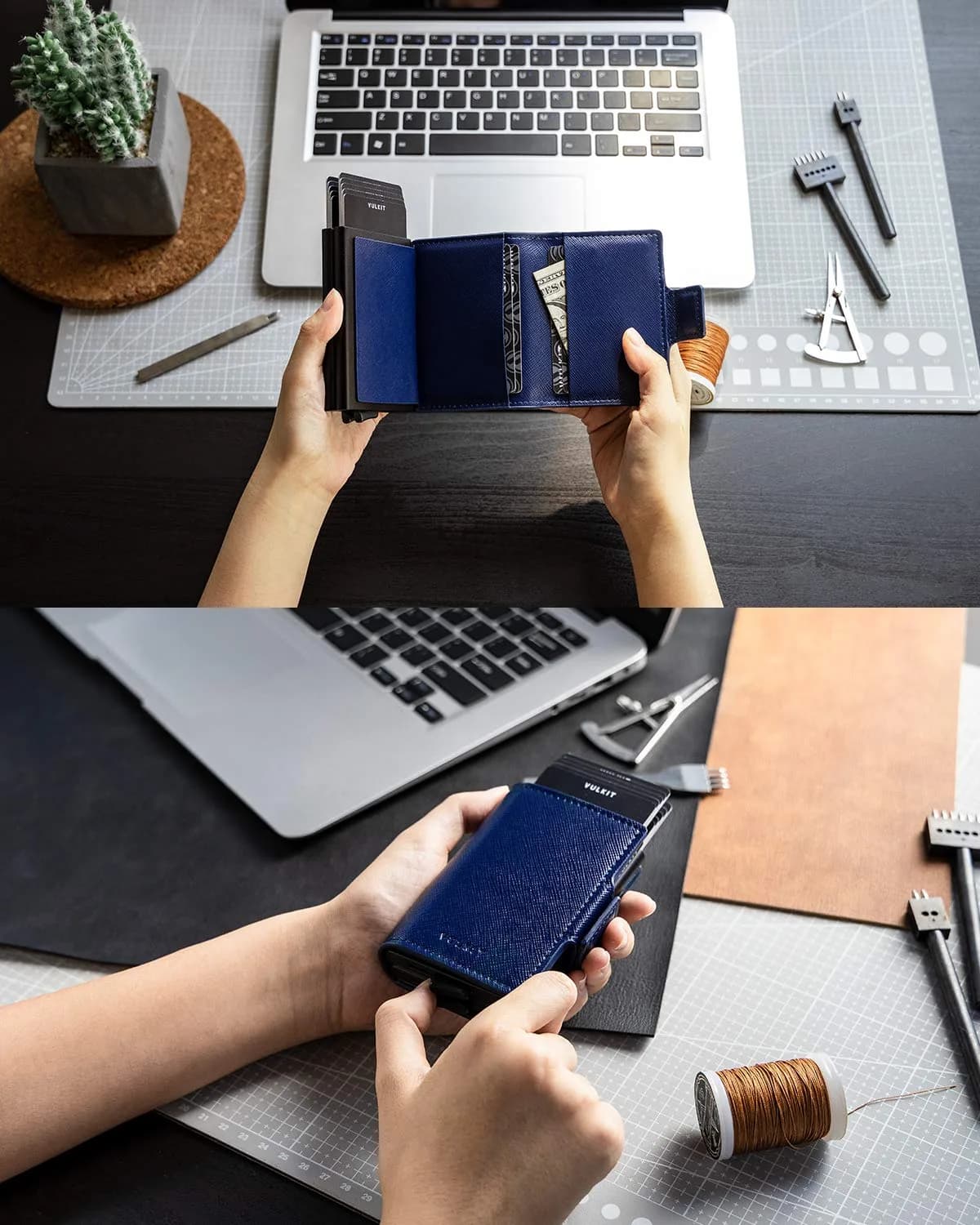 VULKIT Automatic Pop Up Double Card Holder RFID Blocking Leather Magnetic Wallet - Cross Navy - view 4