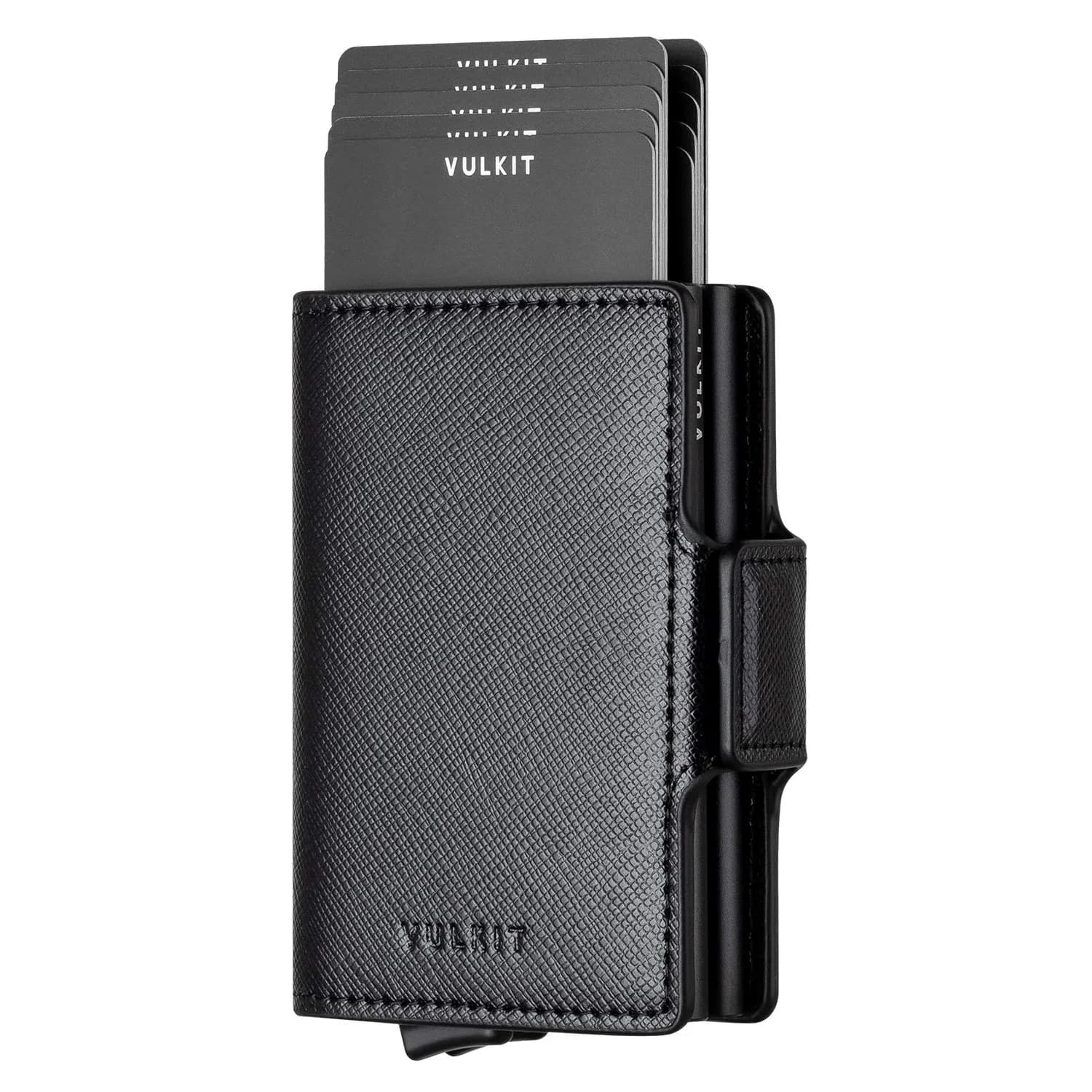 VULKIT Automatic Pop Up Double Card Holder RFID Blocking Leather Magnetic Wallet 14 Card Capacity (Dark Grey) — Cross Black