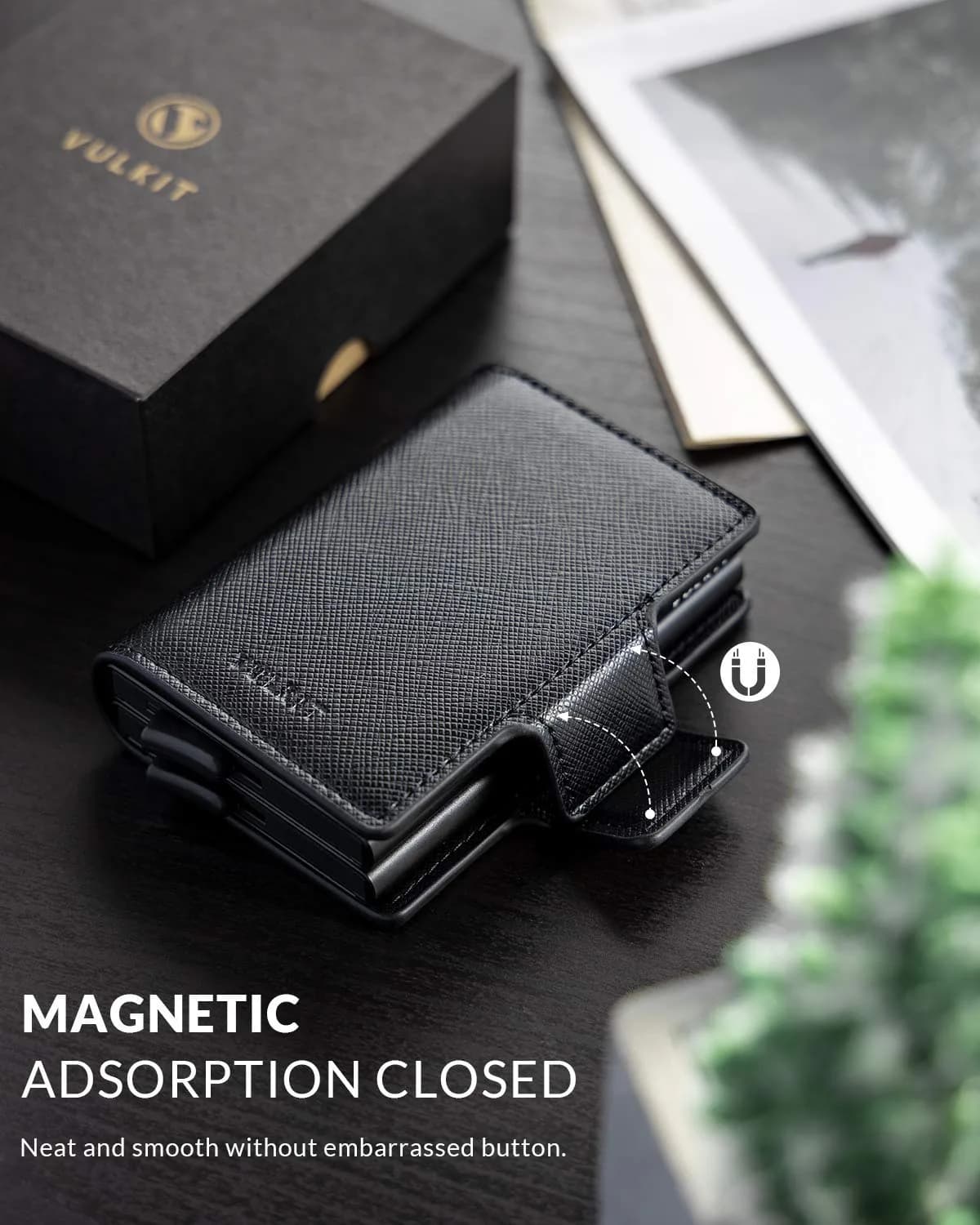 VULKIT Automatic Pop Up Double Card Holder | RFID Blocking Leather Wallet with Magnetic Closure (Cross Black) - view 5