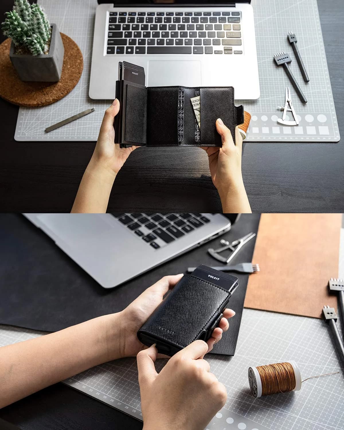 VULKIT Automatic Pop Up Double Card Holder | RFID Blocking Leather Wallet with Magnetic Closure (Cross Black) - view 4