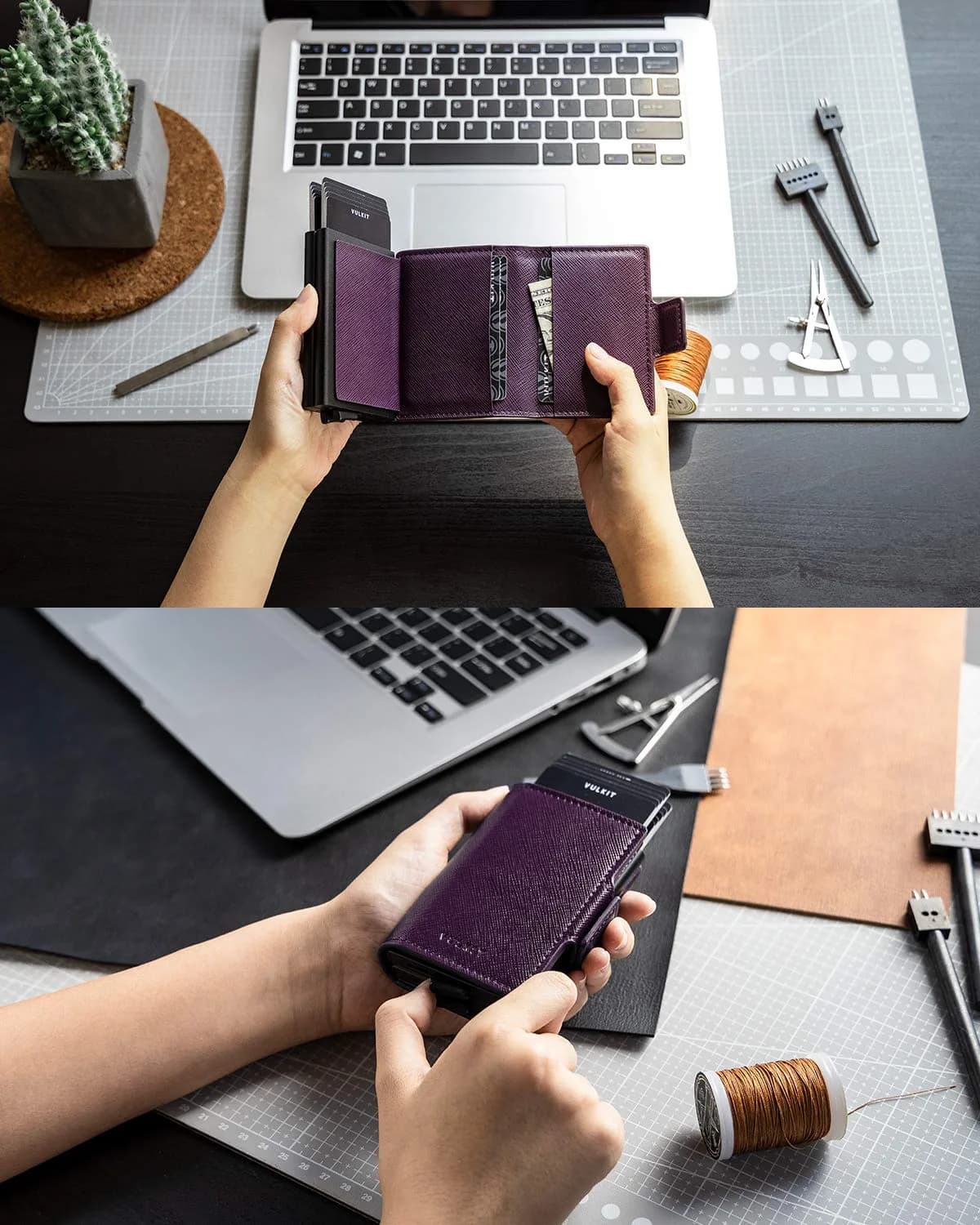 VULKIT Automatic Pop Up Double Card Holder RFID Blocking Leather Magnetic Wallet - Cross Wine - view 4