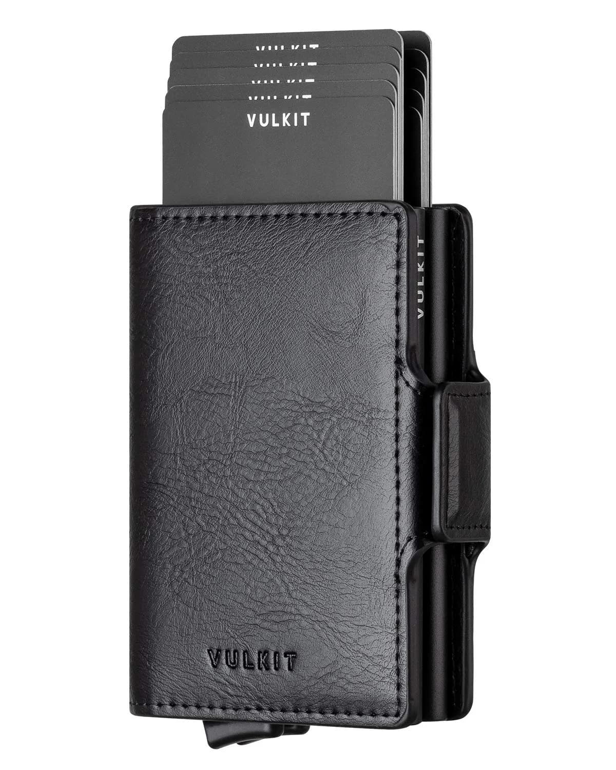 VULKIT Black Automatic Pop Up Double Card Holder with RFID Blocking, Magnetic Leather Wallet - main product image
