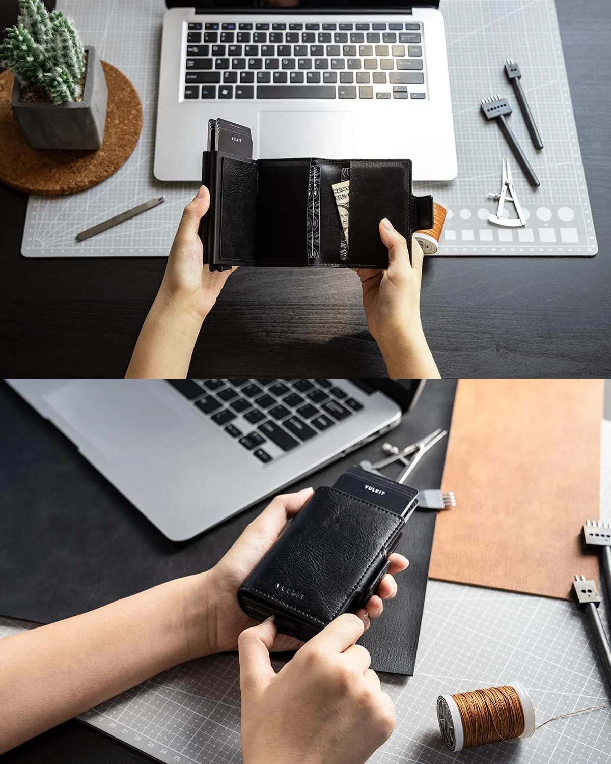 VULKIT Black Automatic Pop Up Double Card Holder with RFID Blocking, Magnetic Leather Wallet - view 4