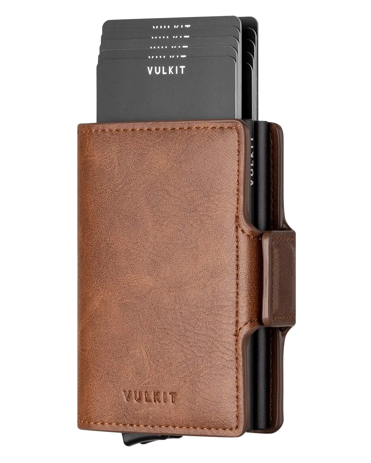 VULKIT Brown Automatic Pop Up Double Card Holder with RFID Blocking Leather and Magnetic Closure - 14 Card Capacity - main product image