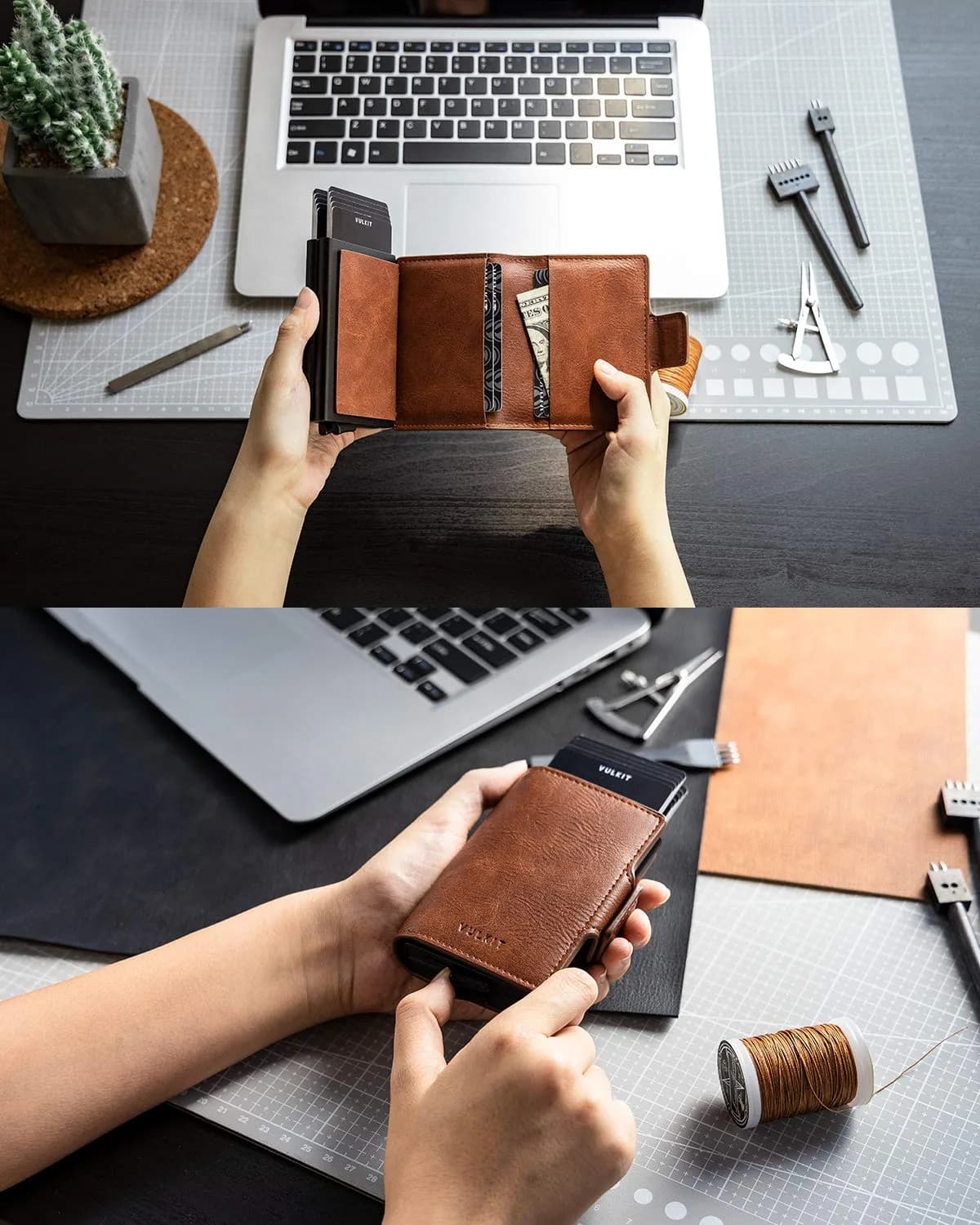 VULKIT Brown Automatic Pop Up Double Card Holder with RFID Blocking Leather and Magnetic Closure - 14 Card Capacity - view 4