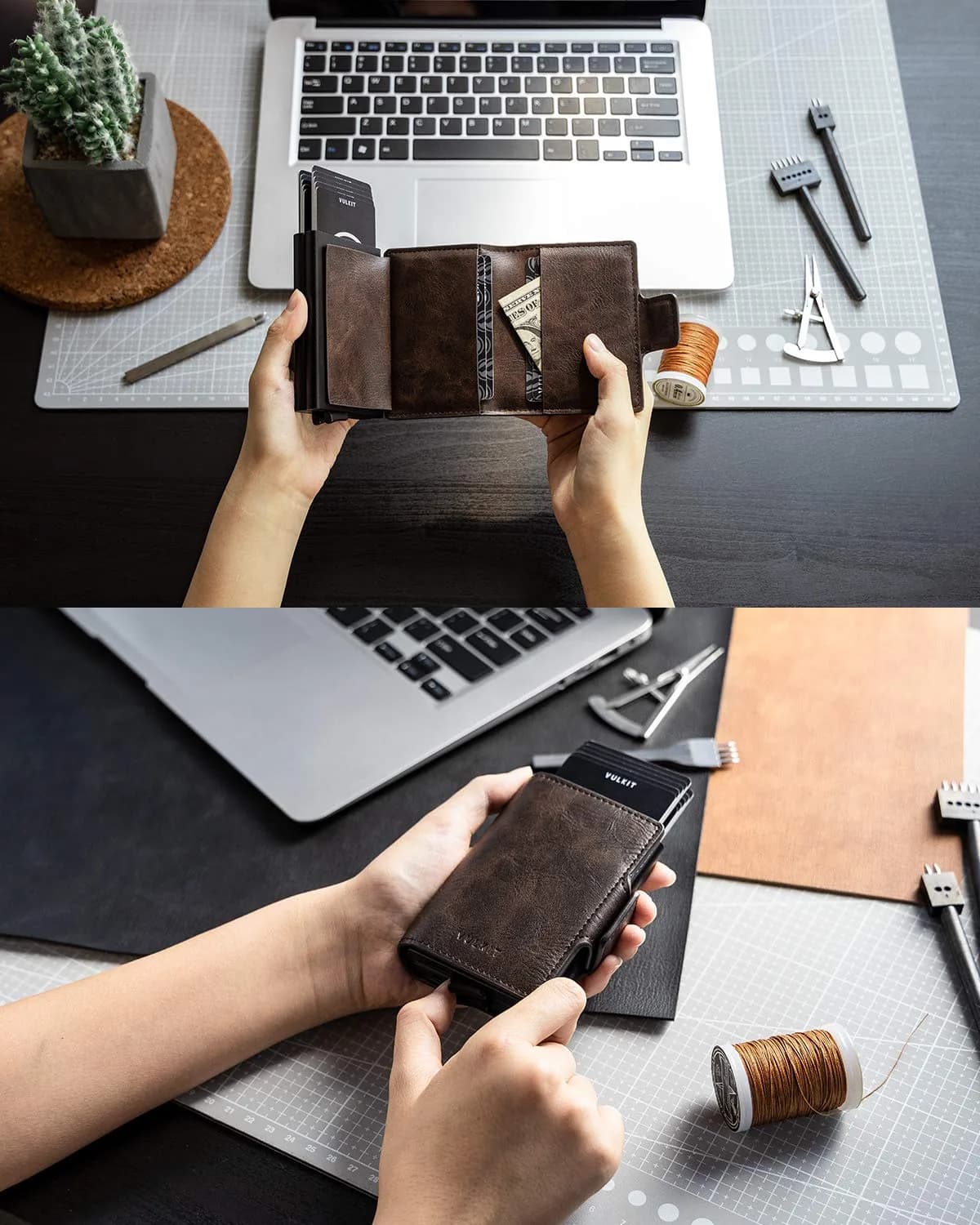 VULKIT Espresso Double Card Holder - Automatic Pop Up, RFID Blocking Leather Wallet - view 4