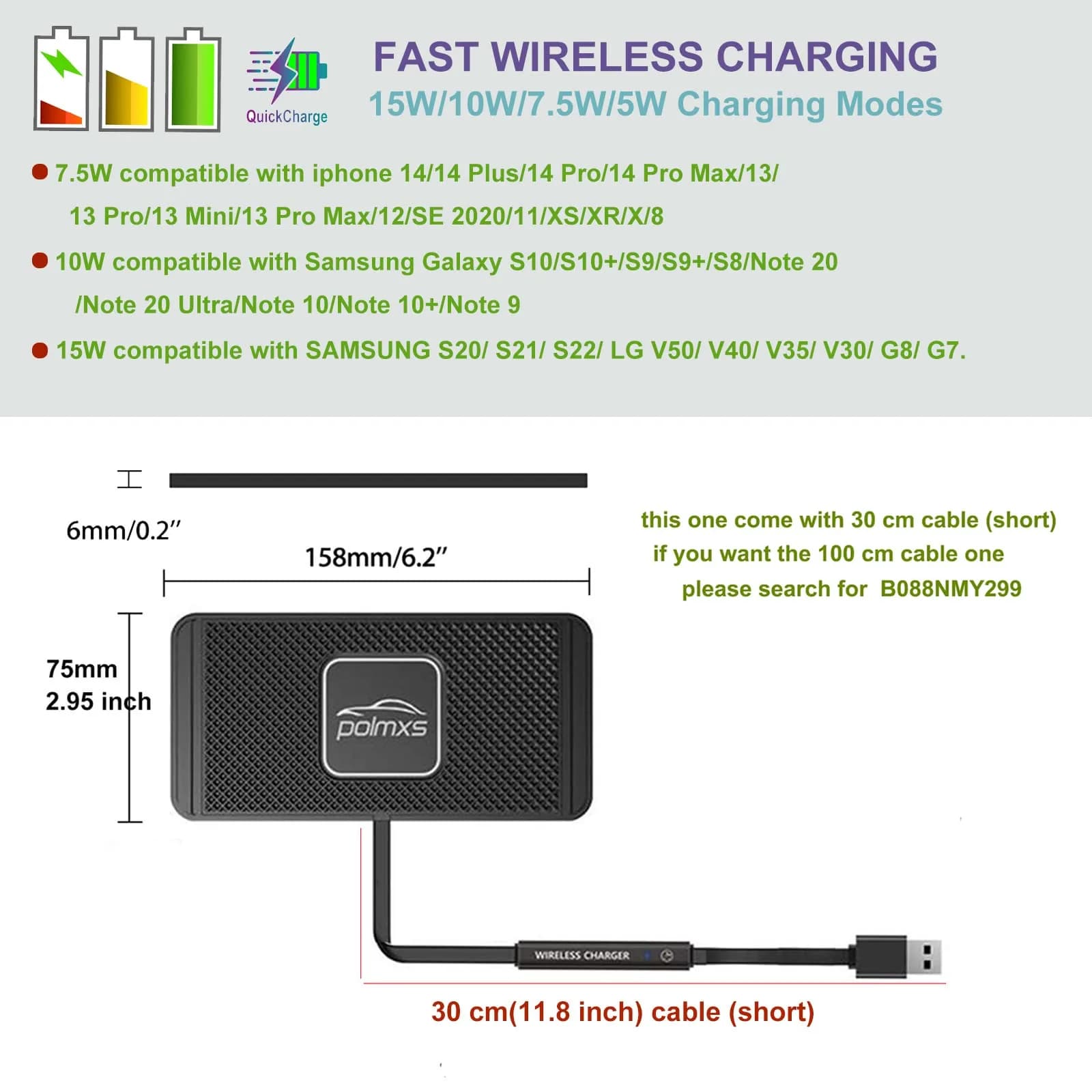POLMXS 10W Fast Wireless Car Charger Pad with 30cm Cable | Qi-Certified for iPhone & Galaxy - view 5