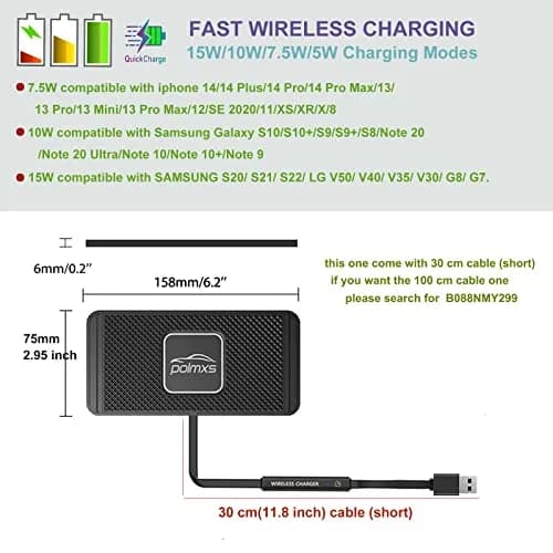 POLMXS 10W Fast Wireless Car Charger Pad with 30cm Cable | Qi-Certified for iPhone & Galaxy thumbnail 5