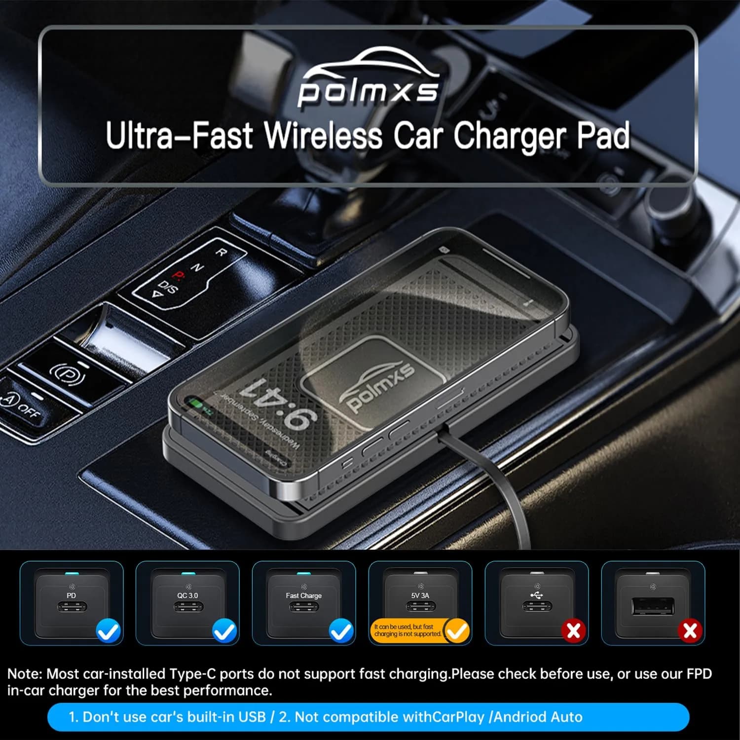 POLMXS 10W Fast Wireless Car Charger Pad with 30cm Cable | Qi-Certified for iPhone & Galaxy - view 2