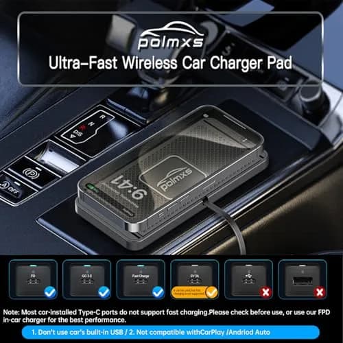 POLMXS 10W Fast Wireless Car Charger Pad with 30cm Cable | Qi-Certified for iPhone & Galaxy thumbnail 2