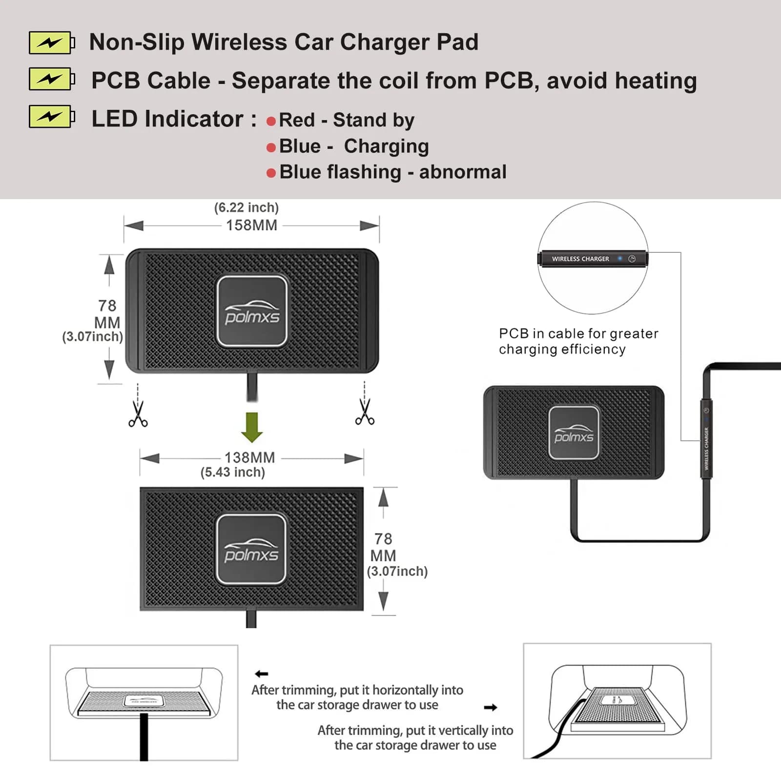 POLMXS 10W Fast Wireless Car Charger Pad with 30cm Cable | Qi-Certified for iPhone & Galaxy - view 4