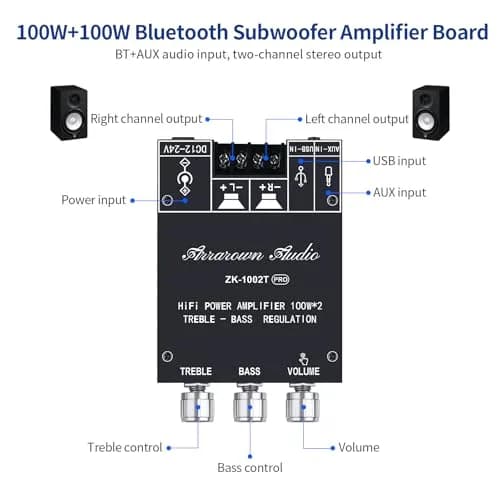 ARRAROWN ZK-TB21 2.1 Channel Bluetooth 5.0 Amplifier Board 100W+100W Max 200W AMP | HiFi Stereo Audio Power Amplifier Module with Treble Bass Control thumbnail 5