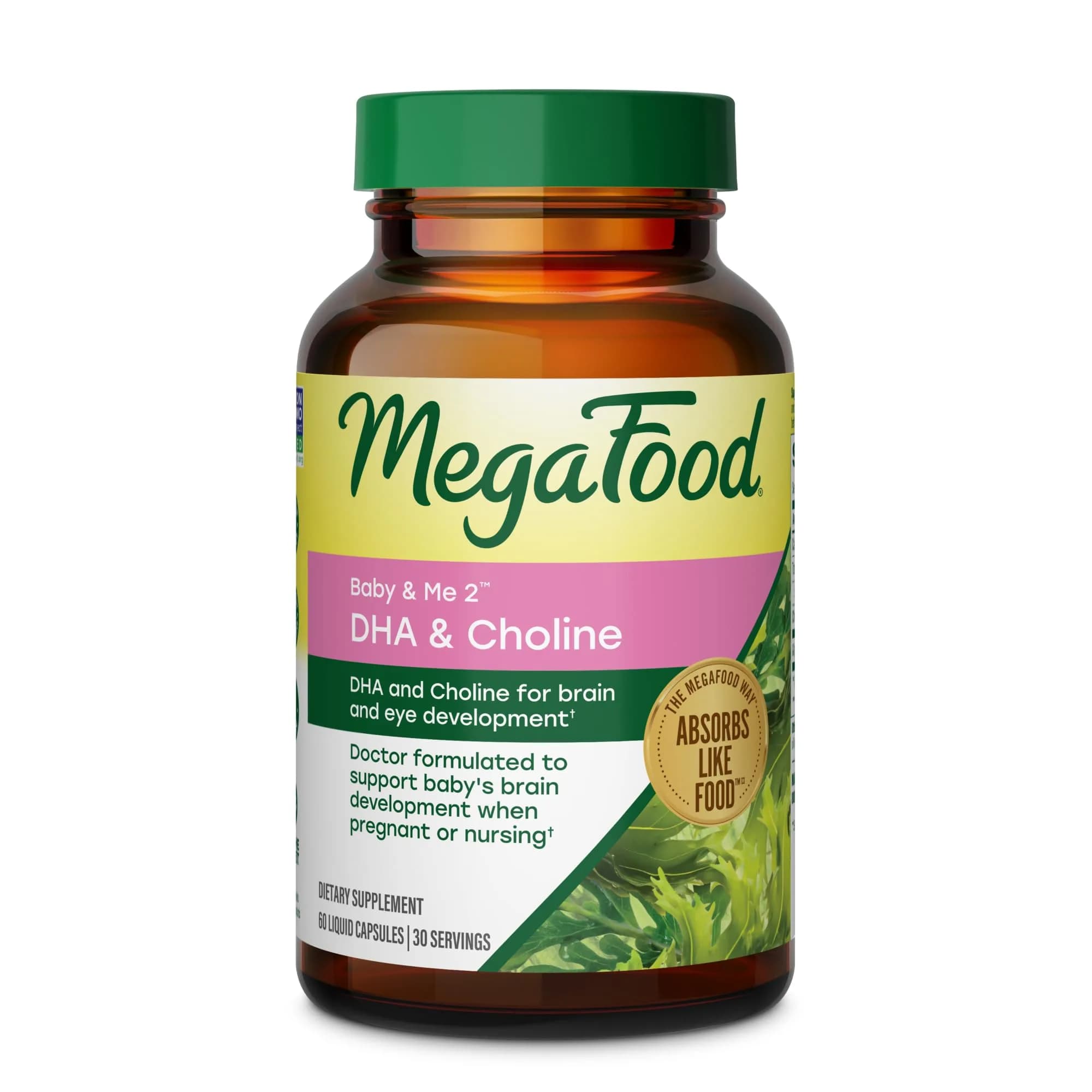 MegaFood Baby & Me 2 Prenatal Vitamins for Women, DHA & Choline Supplements, Liquid Vegan Capsules (60 Count) | Doctor-Formulated for Baby's Brain and Eye Development - main product image