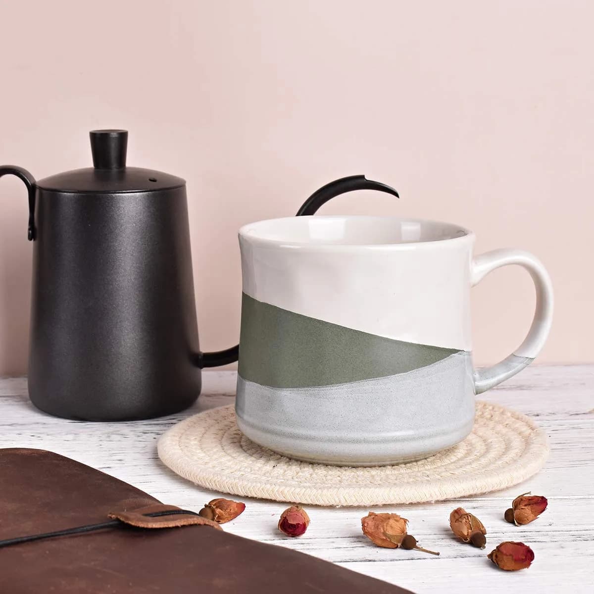 Bosmarlin Stoneware Coffee Mug 21 Oz | Dishwasher & Microwave Safe, Geometric-Green thumbnail 4