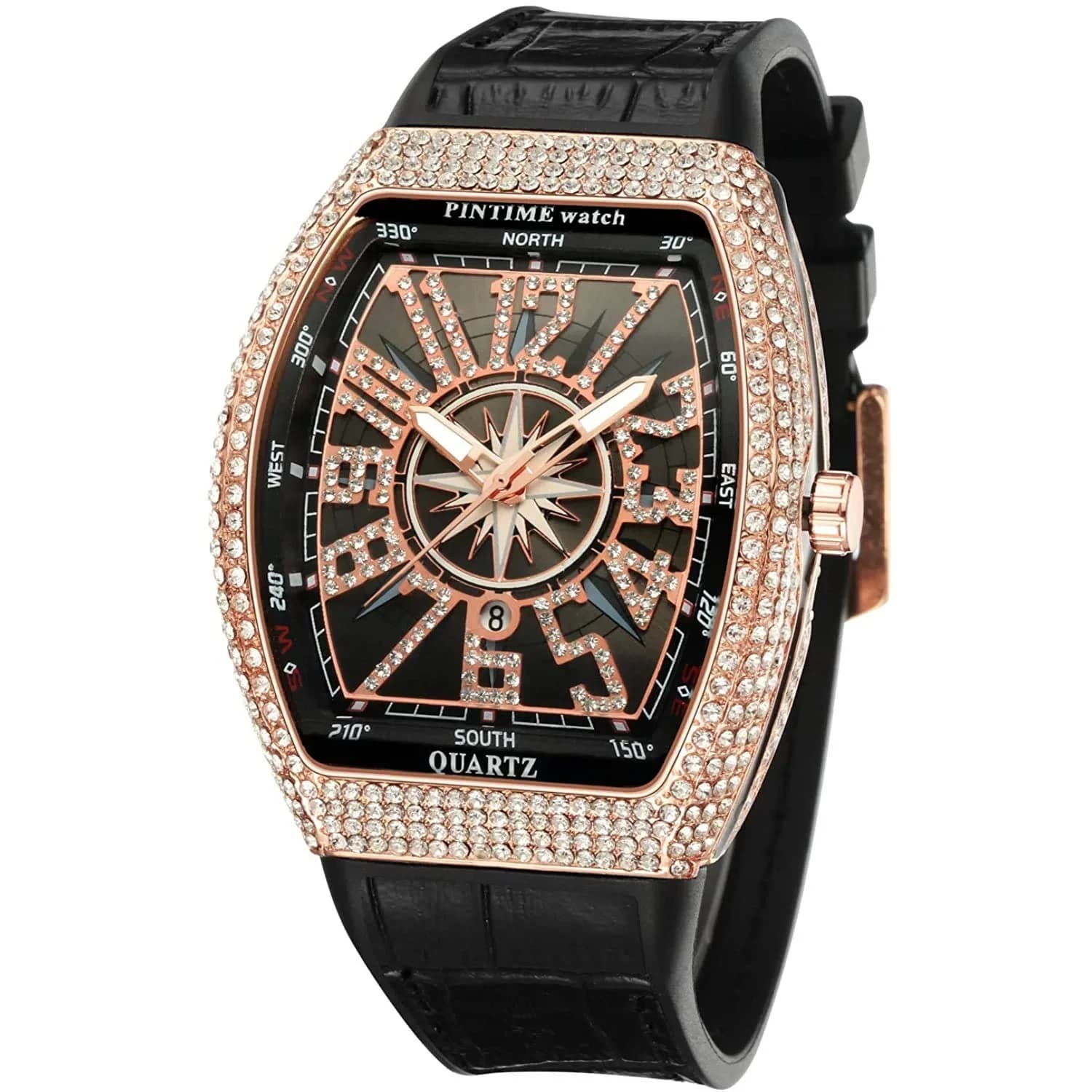 FANMIS Men's Rectangle Skull Watch 42.5mm (Silver Red) | Big Face Diamond Dial Leather Strap — Rose Black