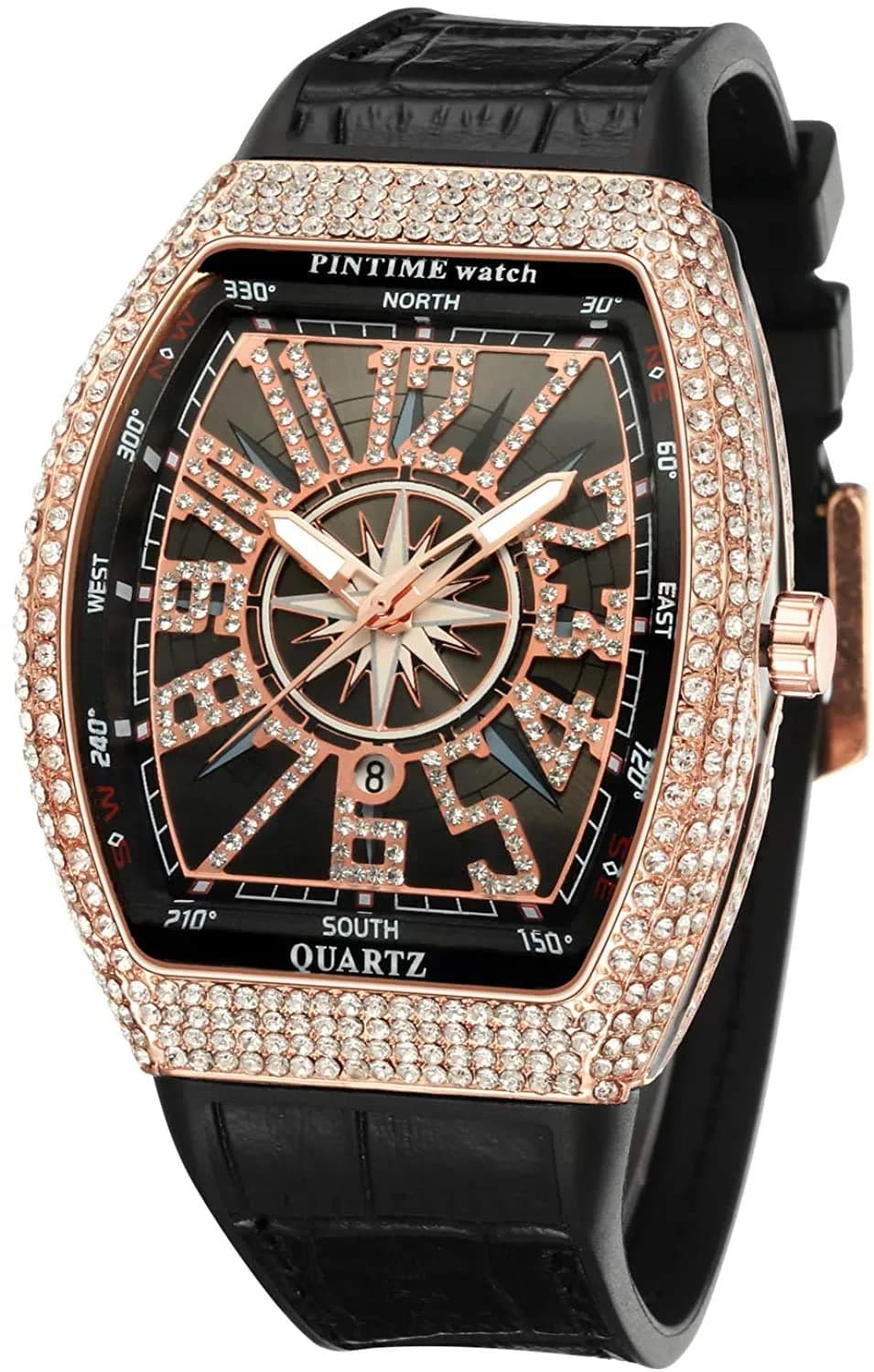 FANMIS Men's Rectangle Skull Watch 47mm (Rose Red) | Bling Diamond Dial Quartz — Rose Black