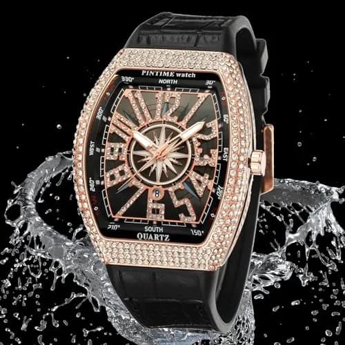 FANMIS Men's Skull Big Face Watch Rectangle Punk Diamond Dial Leather Strap Quartz 42mm (Rose Black) thumbnail 4