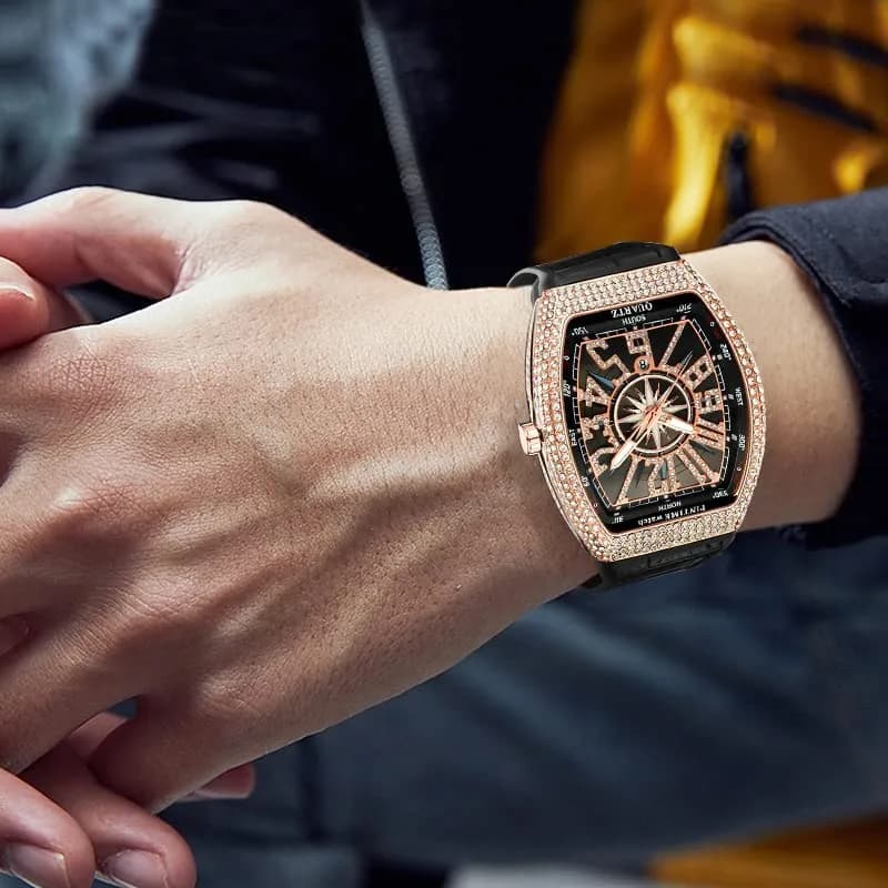 FANMIS Men's Skull Big Face Watch Rectangle Punk Diamond Dial Leather Strap Quartz 42mm (Rose Black) thumbnail 5