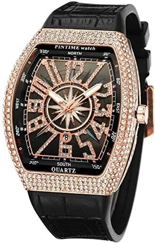 FANMIS Men's Skull Big Face Watch Rectangle Punk Diamond Dial Leather Strap Quartz 42mm (Rose Black) thumbnail 1